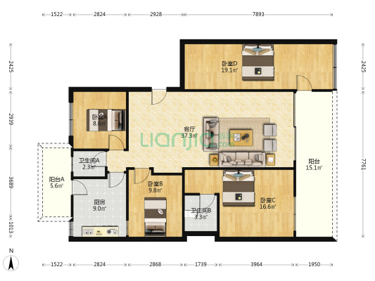 乐景楼 4室1厅2卫 125平方