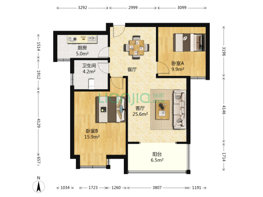 金地国际花园 2室1厅1卫 90平方