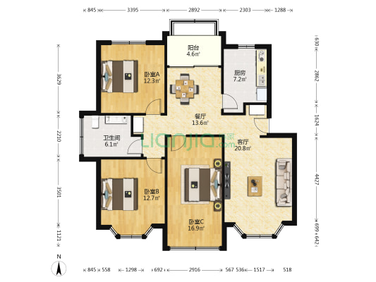 侨星花园 3室2厅1卫 106平方