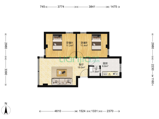 发电厂住宅 2室1厅1卫 57平方