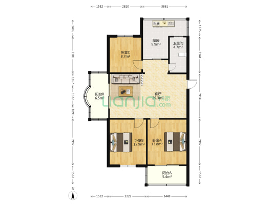 竹山雅居 3室1厅1卫 107平方