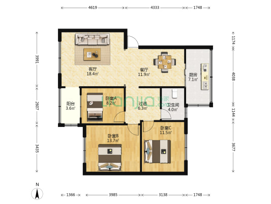 铁路双龙小区 3室2厅1卫 88平方
