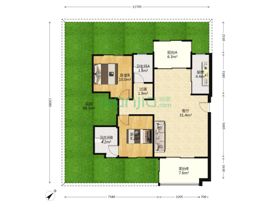 开维生态城 2室1厅2卫 109平方