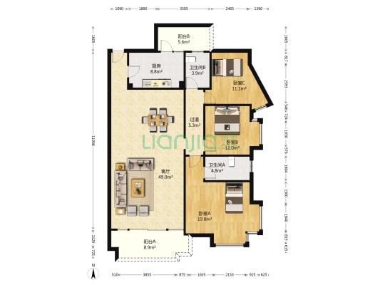 康汇花园 3室1厅2卫 137平方