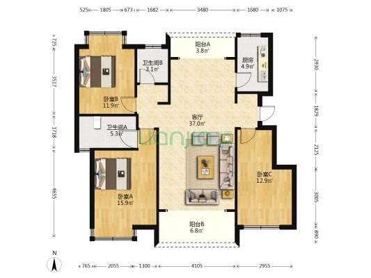 欧景名城 3室1厅2卫 118平方