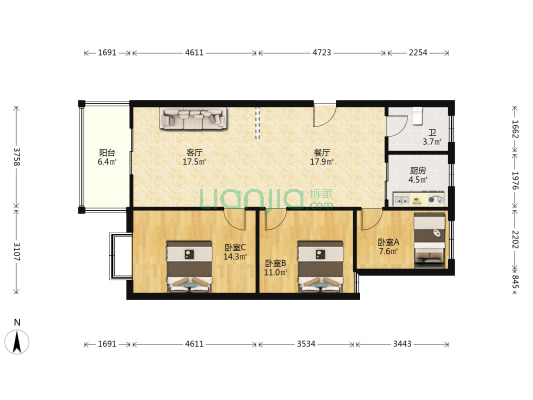 欣馨然小区 3室2厅1卫 96平方