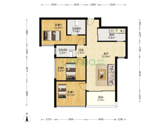 鹏惠花园 3室1厅2卫 88平方