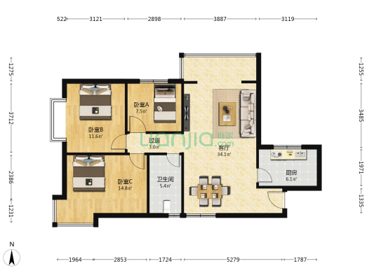 雁滩家园D区 3室1厅1卫 111平方