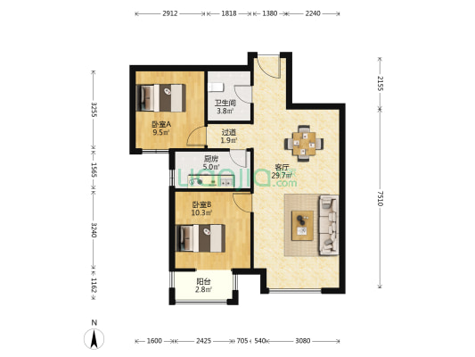 恒基现代城 2室1厅1卫 85平方