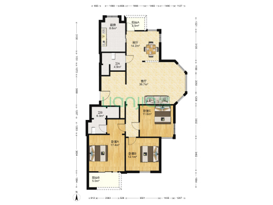 海宁百合新城南区 3室2厅2卫 135平方