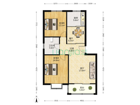 中大义乌商贸城住宅小区 2室2厅1卫 98平方