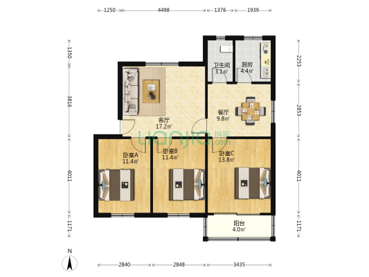 供电小区 3室2厅1卫 90平方
