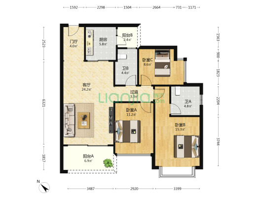 恒大美丽沙天珺湾 3室1厅2卫 115平方