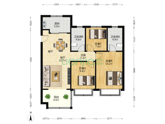 海信九麓府和园 3室1厅2卫 116平方