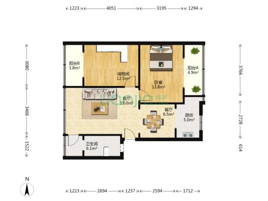 东风路15号 1室2厅1卫 80平方