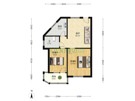 市中级人民法院宿舍楼 2室1厅1卫 62平方