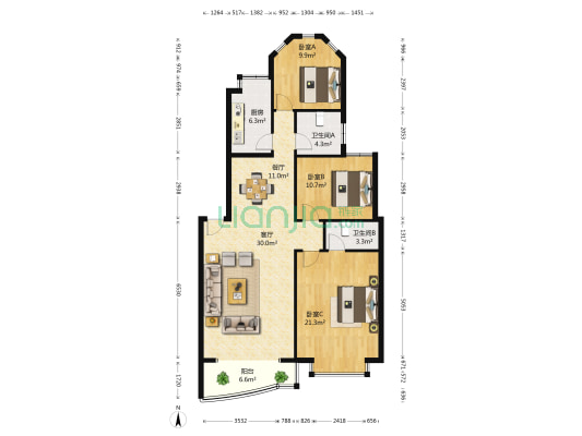 亚星盛世广场 3室2厅2卫 121平方