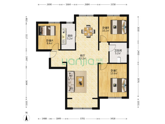 建投·紫云东仕荣园 3室1厅1卫 117平方