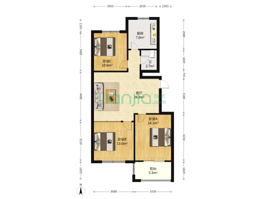北美枫情 3室1厅1卫 105平方
