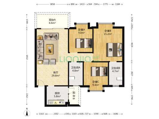 汇翠山庄亲泽园 3室1厅2卫 103平方
