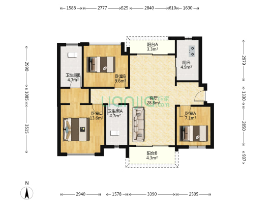 旭辉江山四期 3室1厅2卫 98平方
