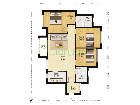 万科翡翠江望 3室1厅2卫 93平方