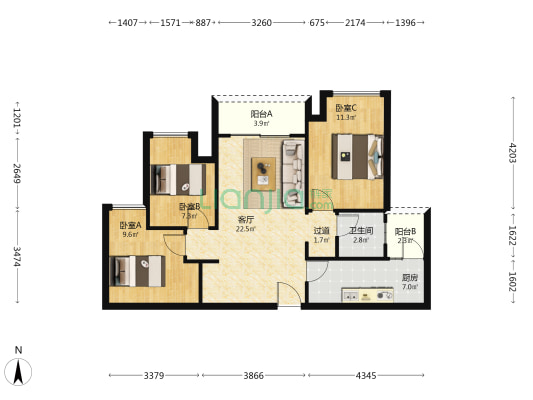 御华兰亭二期 3室1厅1卫 86平方
