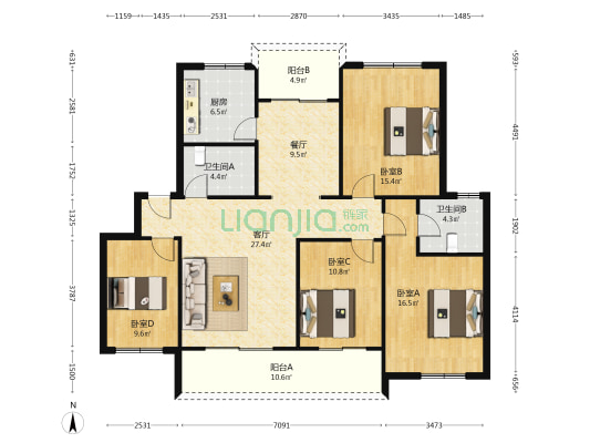 红河苑 4室2厅2卫 131平方