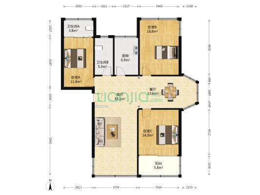 长乐小区 3室2厅2卫 131平方