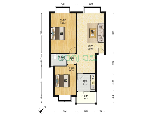 美的花园 2室1厅1卫 86平方