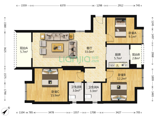 佳阳城市之星 3室1厅2卫 112平方