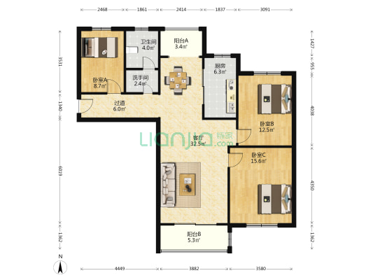 时代国际 3室1厅2卫 134平方