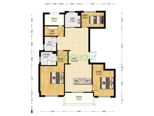 金地荣安悦峰园 4室1厅2卫 105平方