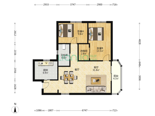 仁恒公寓 2室1厅1卫 109平方