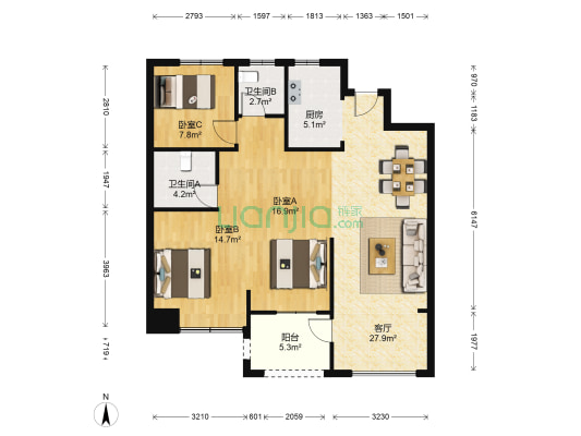 中庆润泽院 3室1厅2卫 89平方