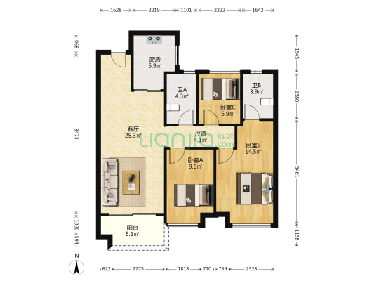 保利水木芳华 3室1厅2卫 103平方