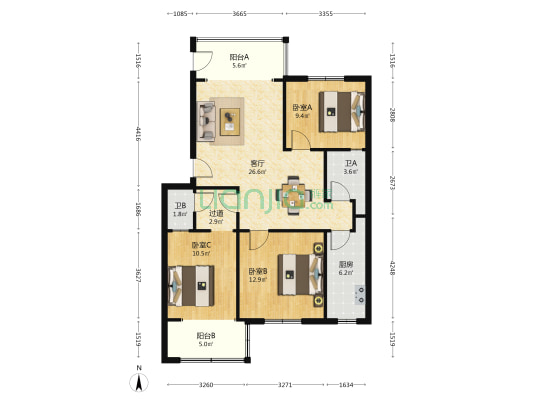 华升小区 3室1厅2卫 94平方