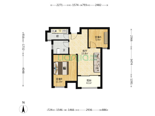 樱花苑 2室1厅1卫 63平方