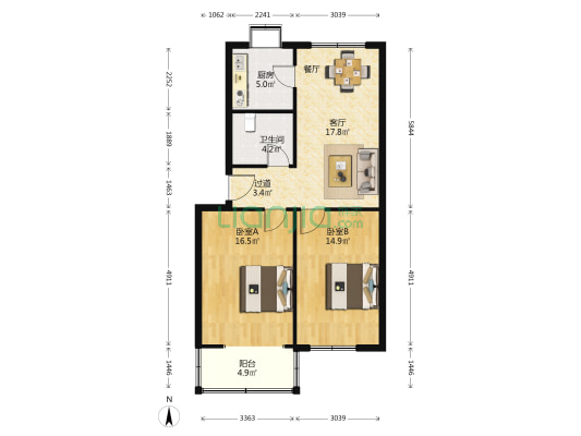 优胜南路25号院 2室1厅1卫 87平方