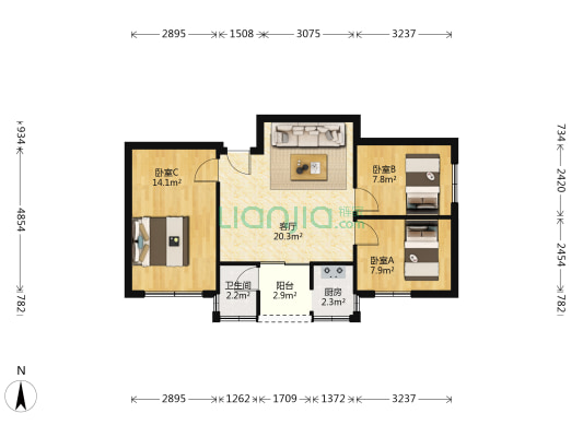 建银公寓 3室1厅1卫 75平方