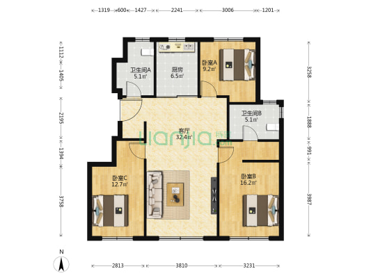 金地中央公园一期 3室1厅2卫 106平方