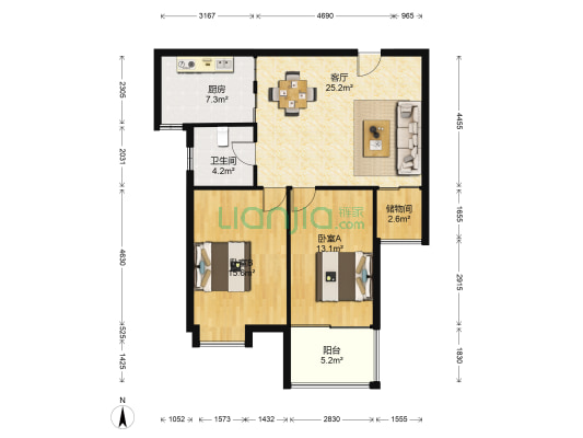 唐明东园 2室1厅1卫 87平方