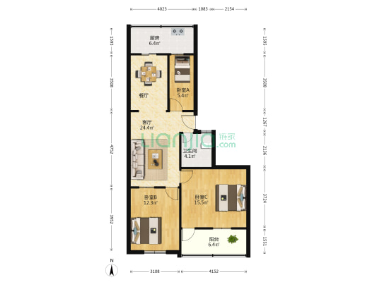 纺站宿舍 3室1厅1卫 91平方