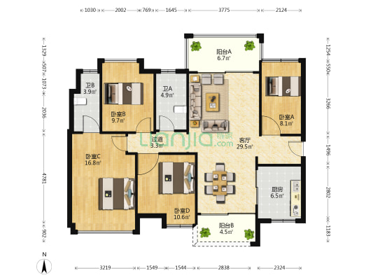 时代香海北岸 4室1厅2卫 129平方