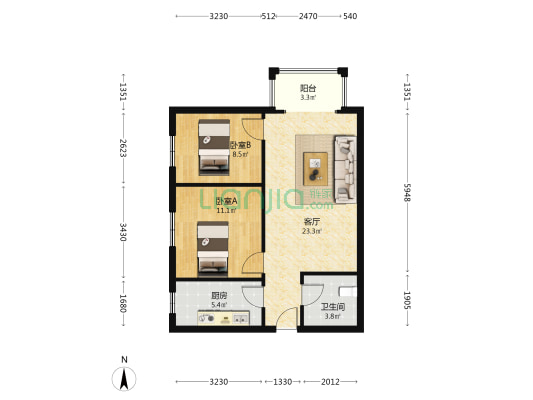 户型方正，西北户型，不影响采光-户型图