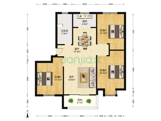 新北小区 3室2厅1卫 115平方