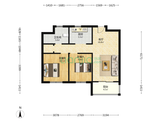 五浦汇盛青文苑 2室1厅1卫 86平方