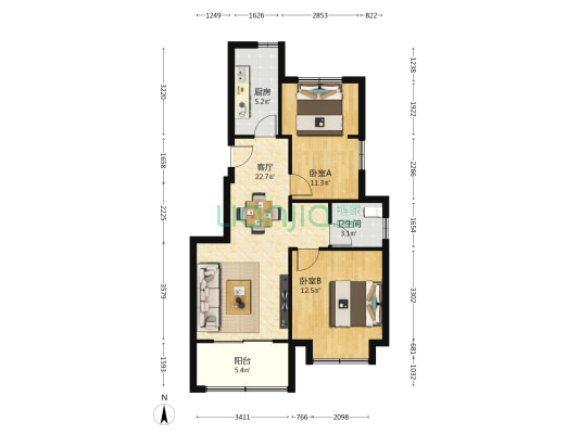 蓝天慧融花园 2室1厅1卫 78平方