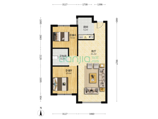绿城·诚园 2室1厅1卫 89平方