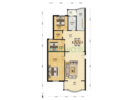 山海花园 3室2厅1卫 127平方